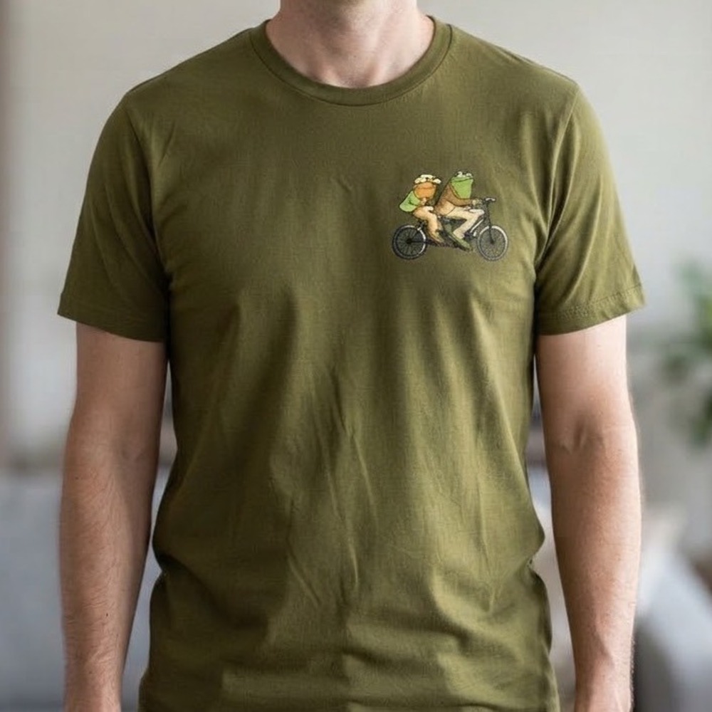 Frog and Toad Together Tandem Bicycle Graphic Tee Olive Green Mens Medium